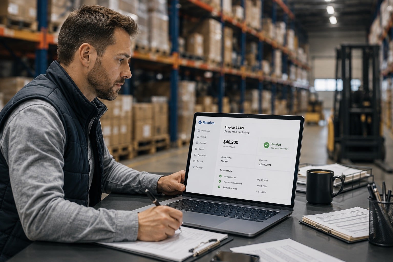 A wholesale merchant reviewing a funded invoice in Resolve from the warehouse floor