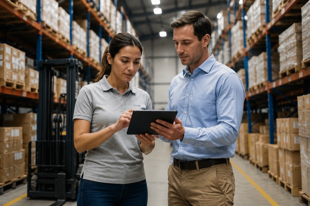A distributor and buyer reviewing an order together in the warehouse